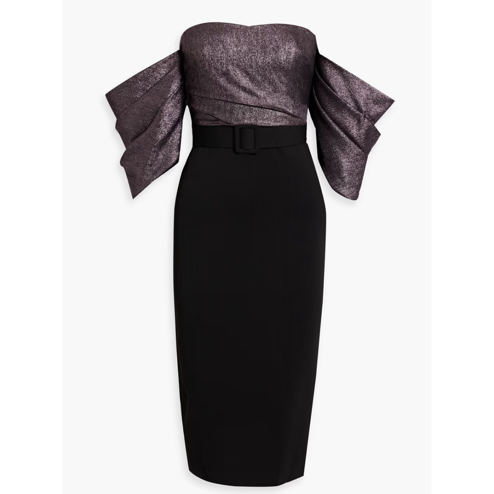 BADGLEY MISCHKA Off-the-shoulder paneled glittered woven midi dress	US 6